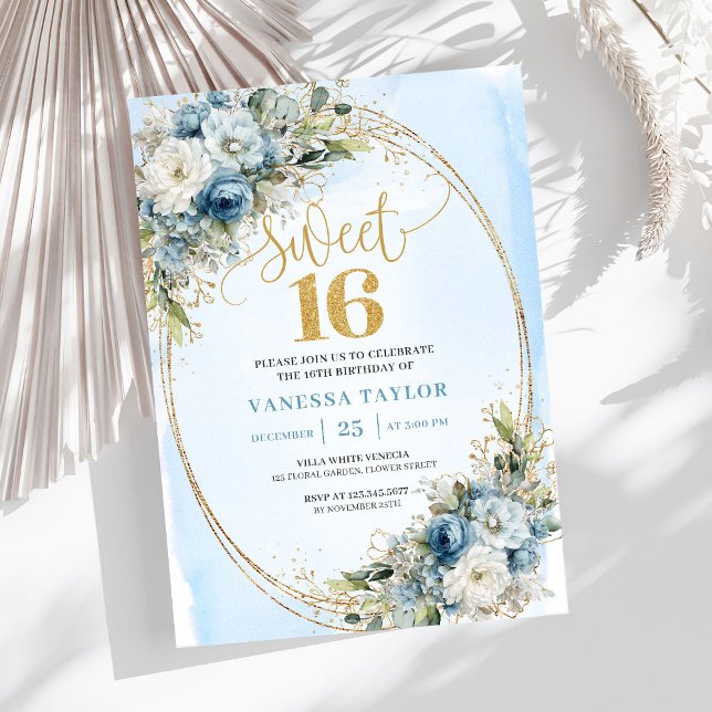 Convite Sofisticado Dusty Blue Gold Sweet Sixteen (Sophisticated Dusty Blue Gold Sweet Sixteen Invite)