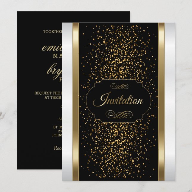 Convite sofisticado preto, branco e dourado (Frente/Verso)