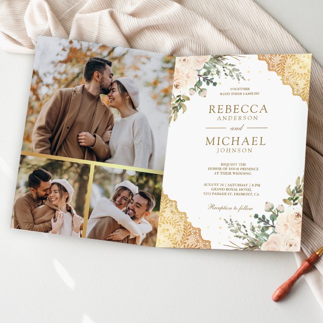 Convite Soft Cream Roses Gold Lace QR Code Wedding (Criador carregado)