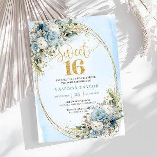 Convite Soft Dusty Blue Floral Gold Sweet Sixteen