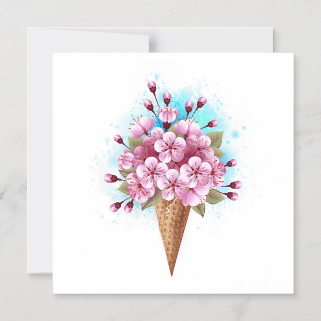 Convite Sorvete Waffle Rosa Sakura Cone (Frente)