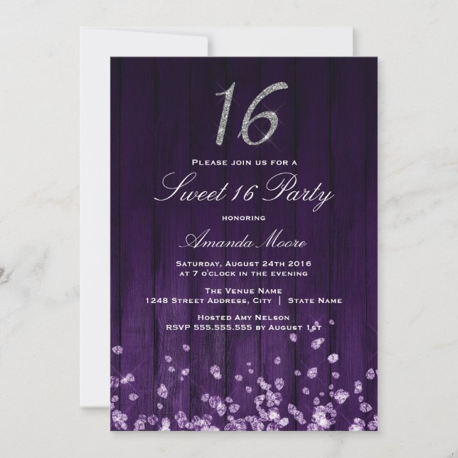 Convite Sparkle Diamond Roxo Prata Sweet 16 (Frente)