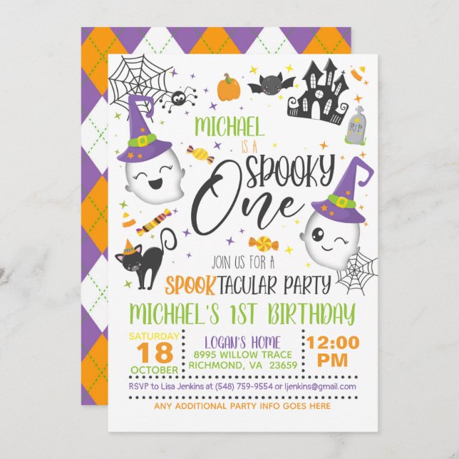 Convite Spooky One Birthday - Branco (Frente/Verso)