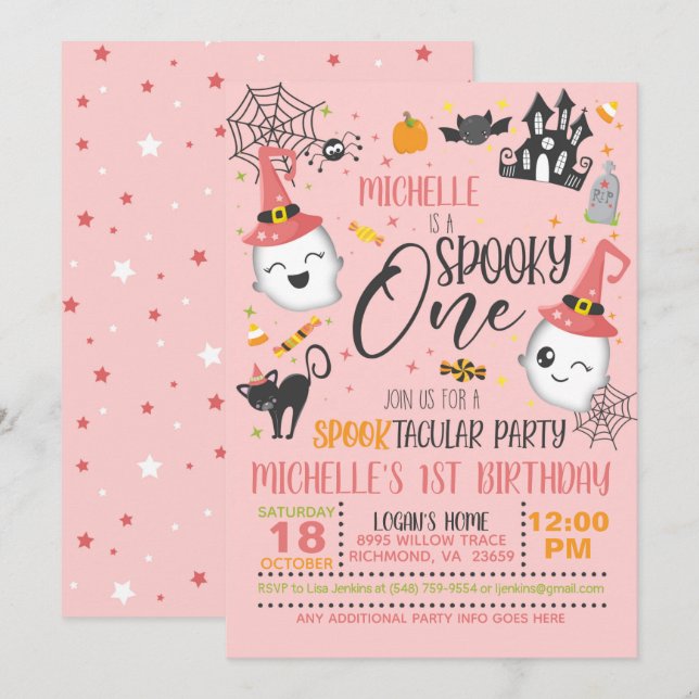 Convite Spooky One Birthday - Rosa (Frente/Verso)