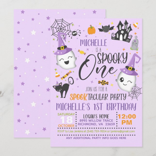 Convite Spooky One Birthday - Roxo (Frente/Verso)