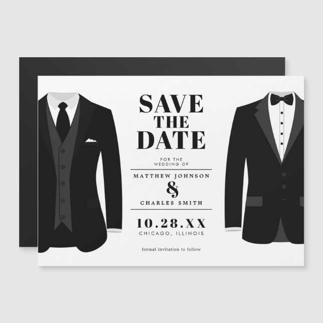 Convite Sr. & Mr. Modern Black Wedding Tux - Salvar a Data (Frente/Verso)