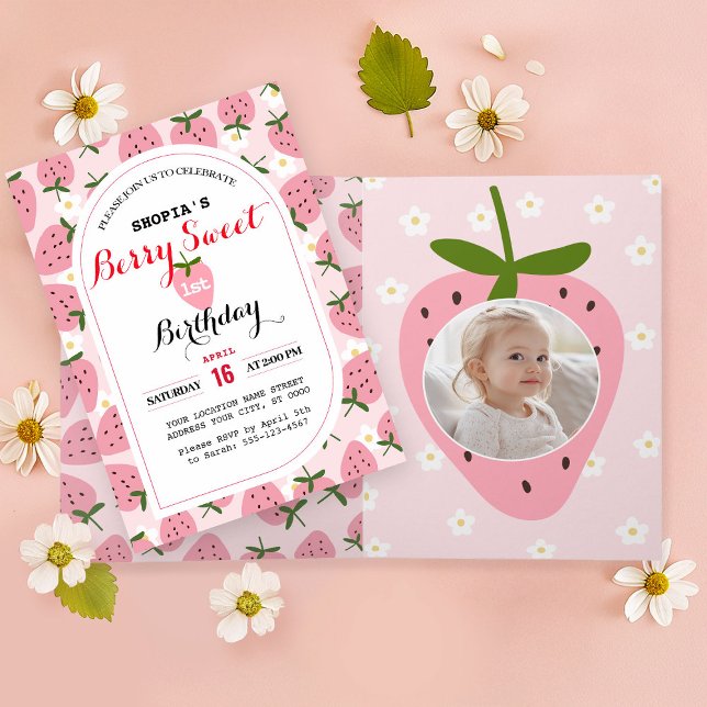 Convite Strawberry Delight First Birthday Dobrado (Criador carregado)