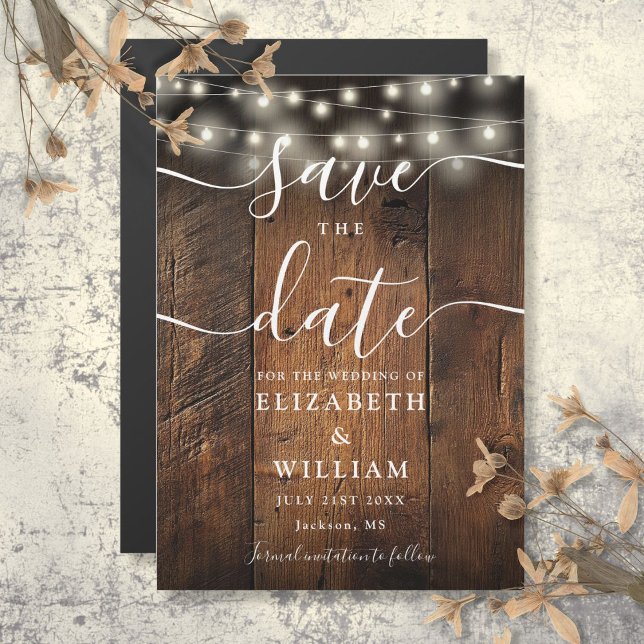Convite String Luzes Rustic Wood Casamento Salvar A Data (String Lights Rustic Wood Wedding Save The Date Magnetic Invitation)