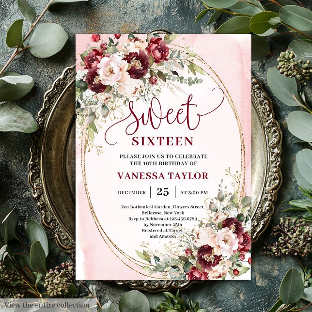 Convite Stylish Blush Burgundy Floral Sweet Sixtee (Stylish Blush Burgundy Floral Sweet Sixteen Invite

)