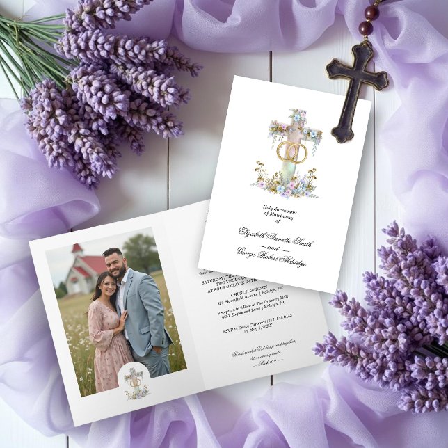 Convite Stylish Floral Cross Wedding Rings Christian (Stylish Elegant Timeless Sacred Floral Cross & Wedding Rings Christian Wedding Cards with Photo.)