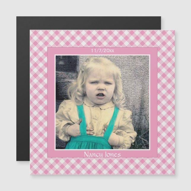 Convite Sua Foto: Gingham Verifica Padrão Rosa/Branco (Frente/Verso)