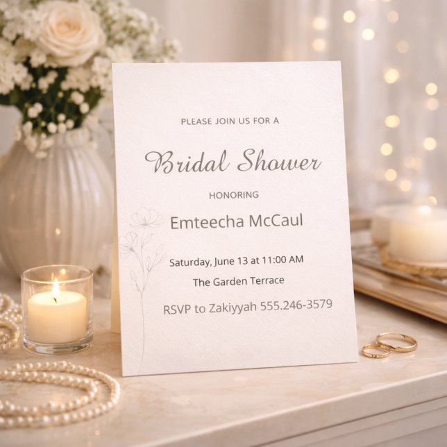 Convite Suave e Neutro para Chá de Noiva (Soft ivory tones with delicate floral line art for a refined bridal gathering)