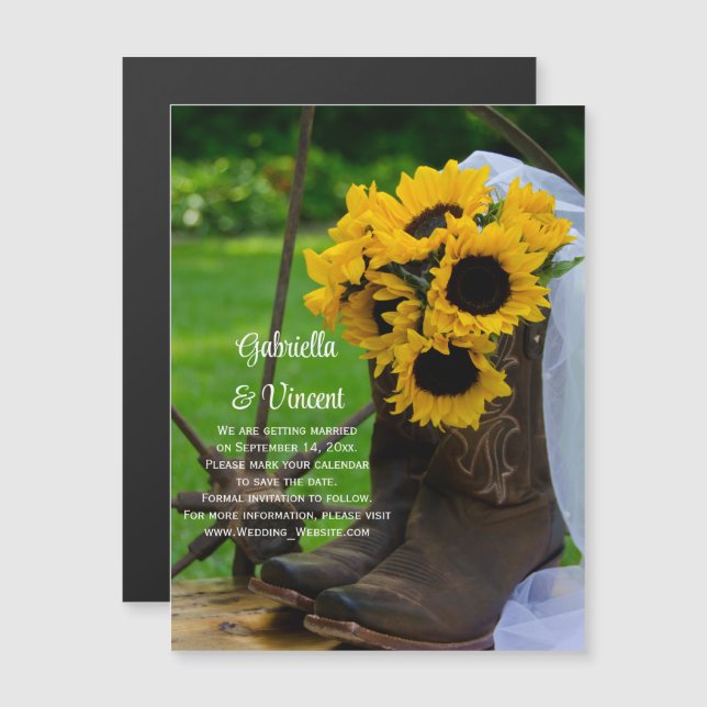 Convite Sunflower e Cowboy Boots Casamento Salvar Data (Frente/Verso)
