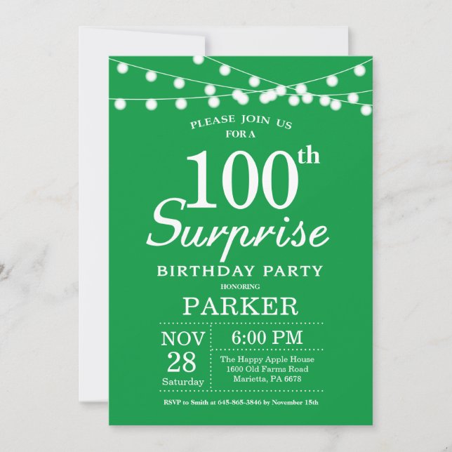 Convite Surpresa de Aniversário de 100 anos Verde (Frente)