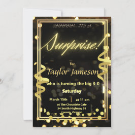 Convite surpresa preto e dourado QR rsvp