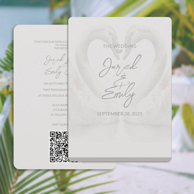 Convite Swan Wedding com Código QR (Swan Wedding Invitation with QR Code (front and back))