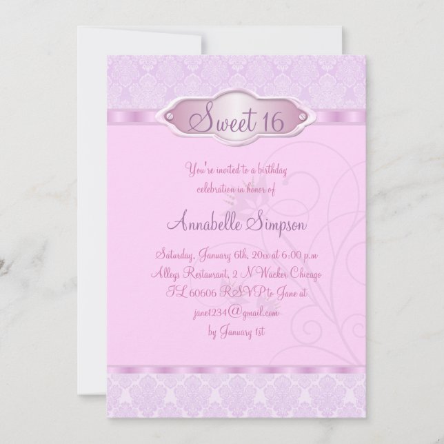 Convite Sweet16 Damask & Swirl Rosa/Roxo (Frente)