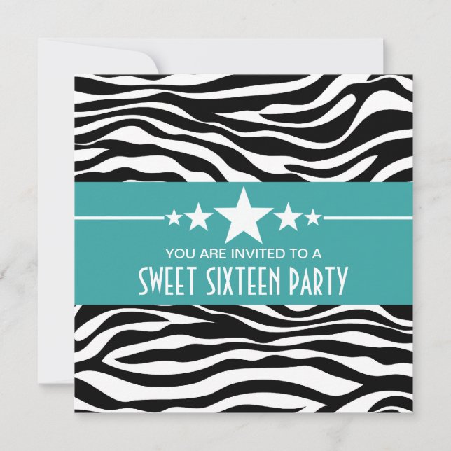 Convite Sweet 16 Aqua Estrelas Impressão Zebra (Frente)