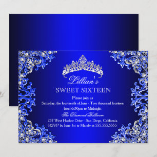 Convite Sweet 16 Blue Damask Tiara