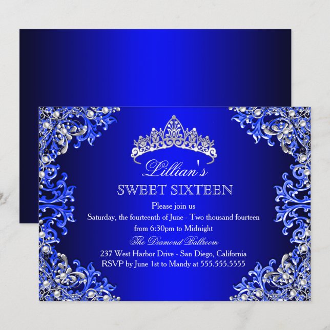 Convite Sweet 16 Blue Damask Tiara (Frente/Verso)