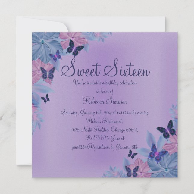 Convite Sweet 16 Borboleta Brilho Roxo & Azul (Frente)
