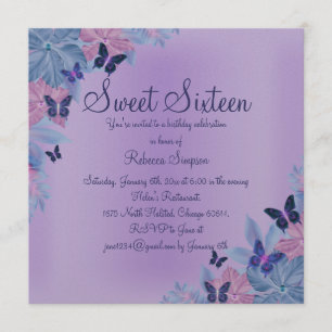 Convite Sweet 16 Borboleta Brilho Roxo & Azul