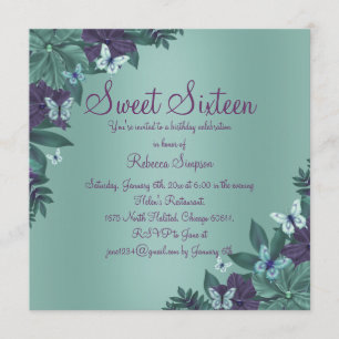 Convite Sweet 16 Borboleta Roxa & Verde