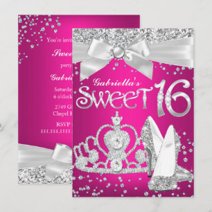 Convite Sweet 16 Brilho Coroa e Saltos Rosa Quente