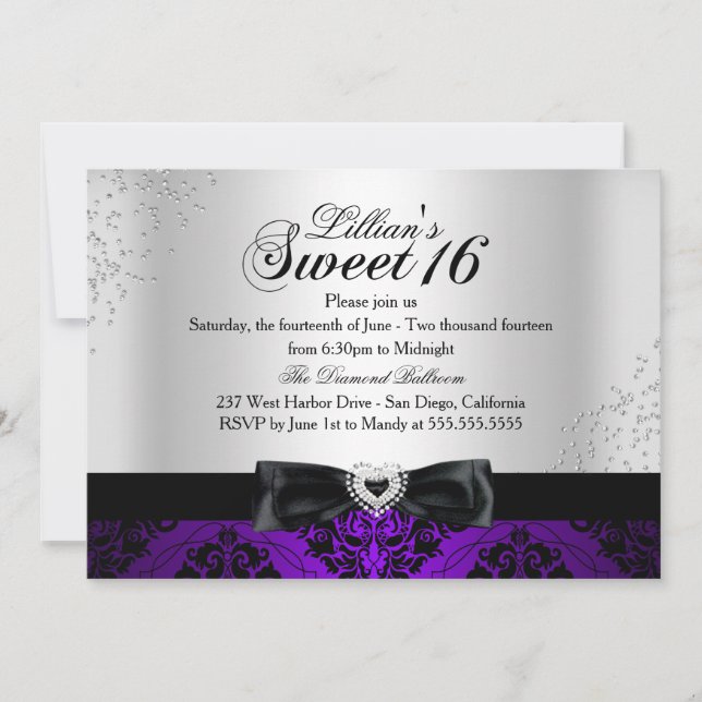 Convite Sweet 16 Brilho Damasco Preto Roxo (Frente)