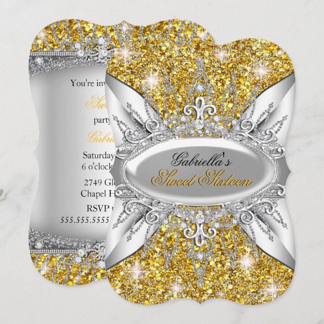 Convite Sweet 16 Brilho Diamante Ouro Prata (Frente/Verso)
