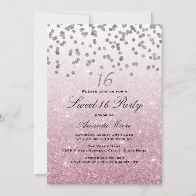 Convite Sweet 16 Brilho Rosa Confete (Frente)