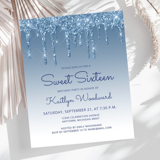 Convite Sweet 16 Budget Glitter Drip Azul (Criador carregado)