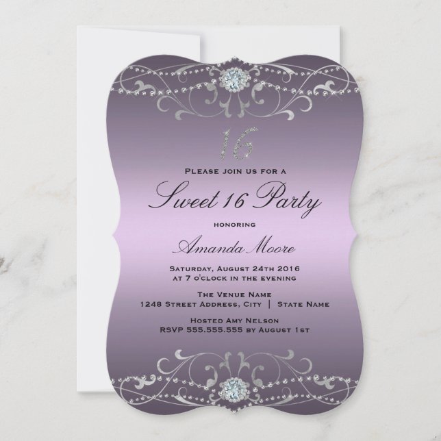 Convite Sweet 16 Damasco Diamante Roxo (Frente)