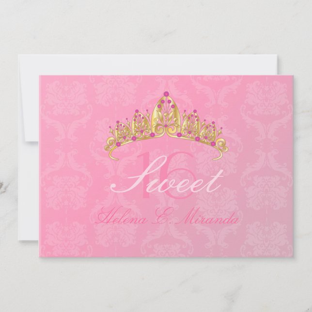 Convite Sweet 16 Damask Rosa/ tiara (Frente)