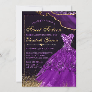 Convite Sweet 16 de vestido de aquarela roxo em ág