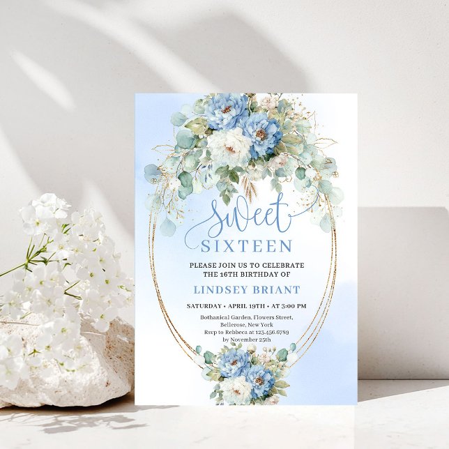Convite Sweet 16 Floral Azul Poeirento Script Impr (Printable Script Dusty Blue Floral Sweet 16 Invitation)