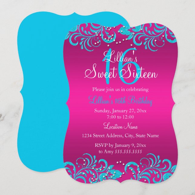 Convite Sweet 16 Floral Girar Rosa e Turquesa Bril (Frente/Verso)