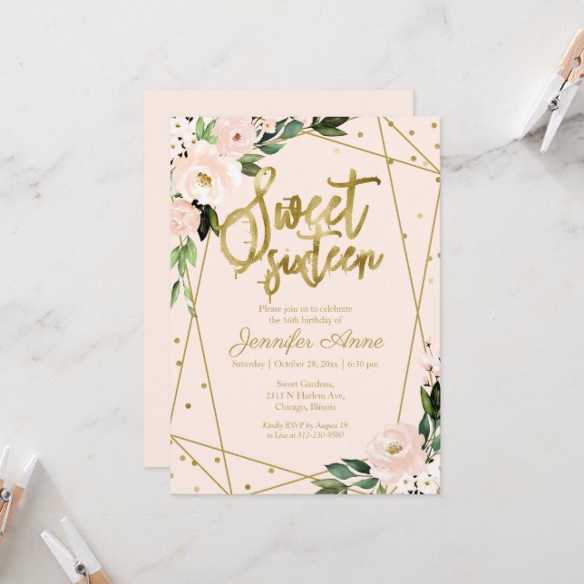 Convite Sweet 16 Folha Dourada Floral Rosa Blush (Frente/Verso In Situ)
