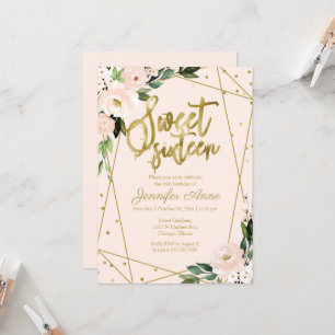 Convite Sweet 16 Folha Dourada Floral Rosa Blush