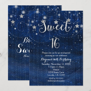 Convite Sweet 16 Noite Estrelada em Prata e Azul