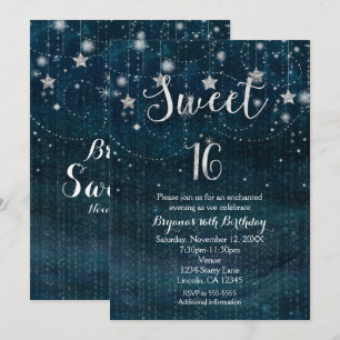 Convite Sweet 16 Noite Estrelada Prata e Azul