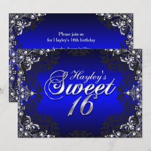 Convite Sweet 16 Pérola Azul Preto Prata Damask