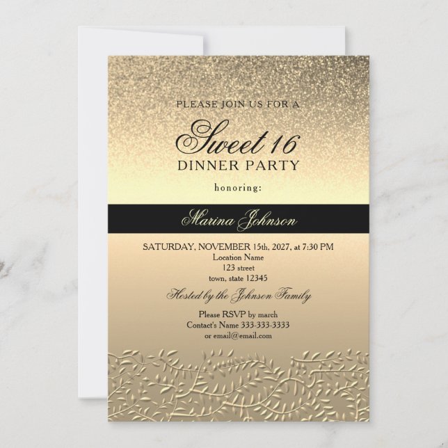 Convite Sweet 16 Preto e Dourado (Frente)