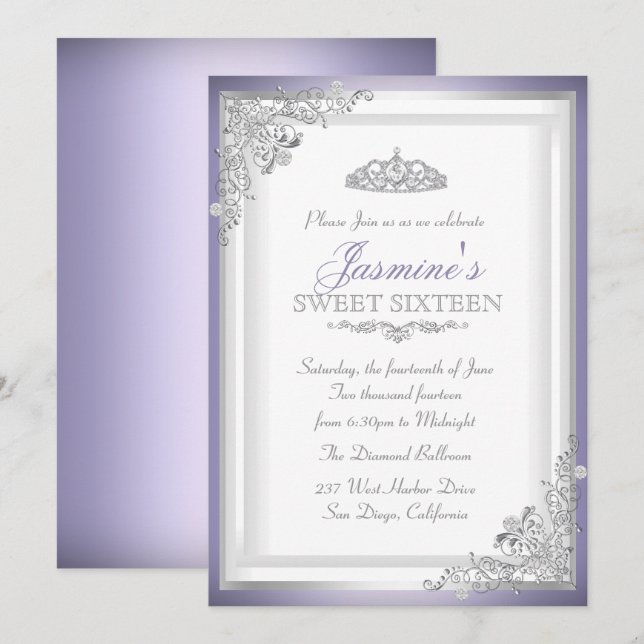 Convite Sweet 16 Purple Silver Damask & Tiara (Frente/Verso)