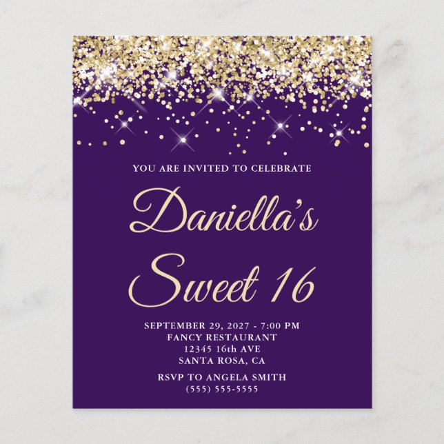 Convite Sweet 16 Roxo Brilho Dourado Pálido Orçame (Frente)