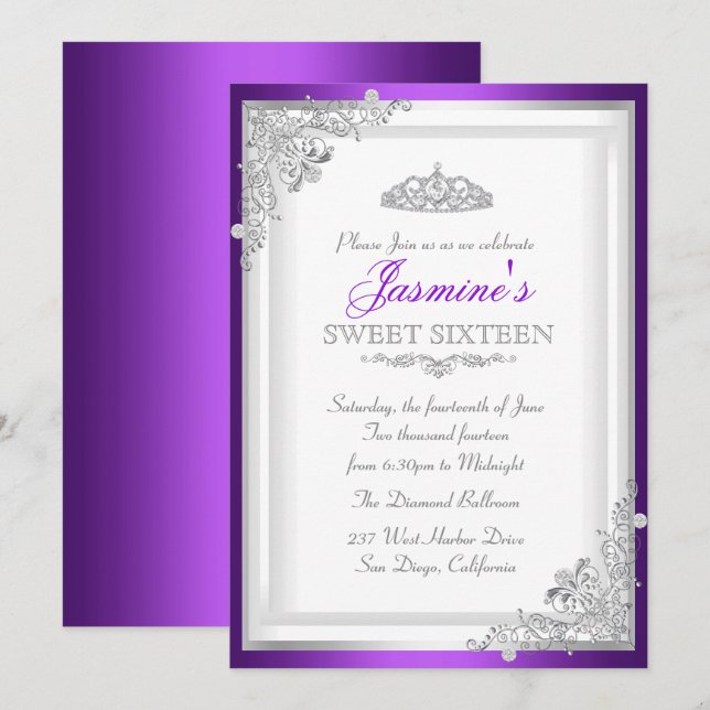 Convite Sweet 16 Roxo Prata Damask & Tiara (Frente/Verso)