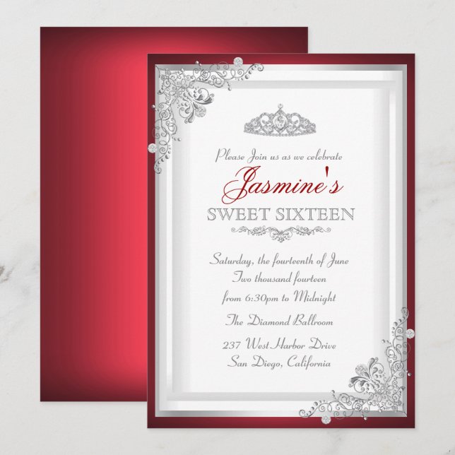 Convite Sweet 16 Tiara Damasco Prata Vermelha (Frente/Verso)