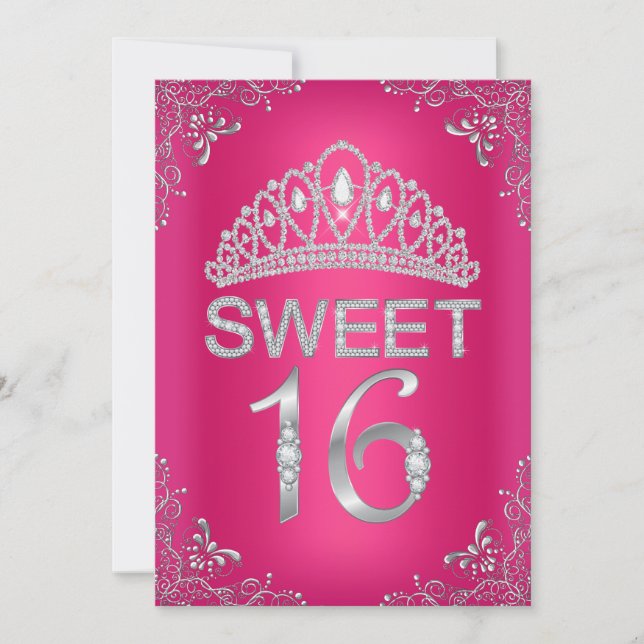 Convite Sweet 16 Tiara de Diamante Brilho Rosa Que (Frente)