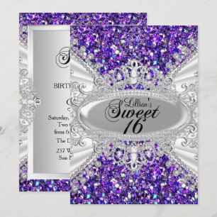 Convite Sweet 16 Tiara de Diamante Brilho Roxo