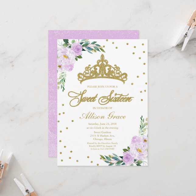 Convite Sweet 16 Tiara Dourada Floral Lavanda (Frente/Verso In Situ)